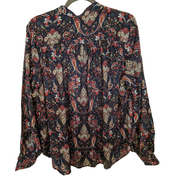 H&M Womens 12 Multicolor Blouse Paisley Red Blue White Button Up V Neck - Picture 2 of 13